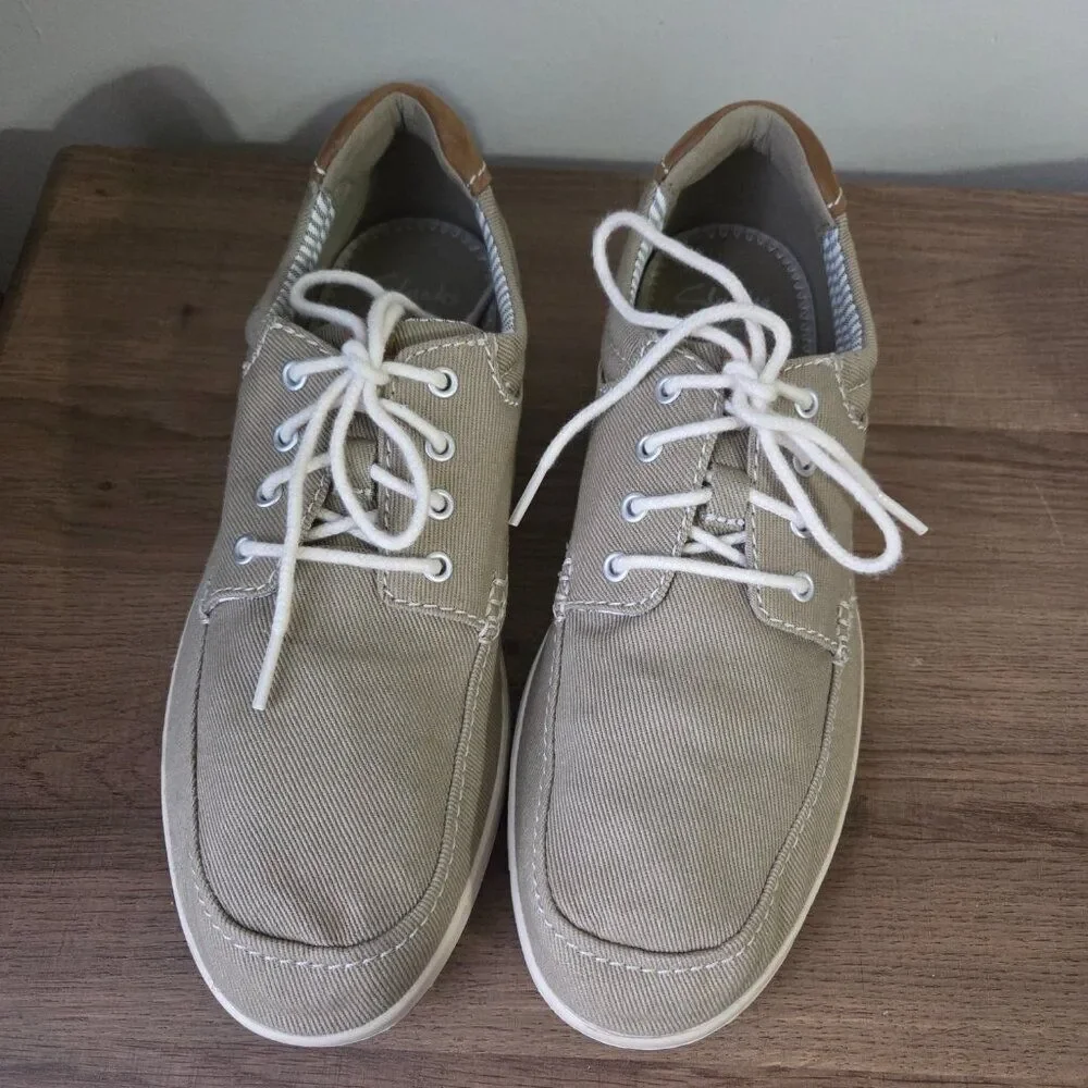 LIKE NEW CLARKS MENS BOAT SHOES CANVAS UPPER LEATHER MIX SIZE 10 MENS